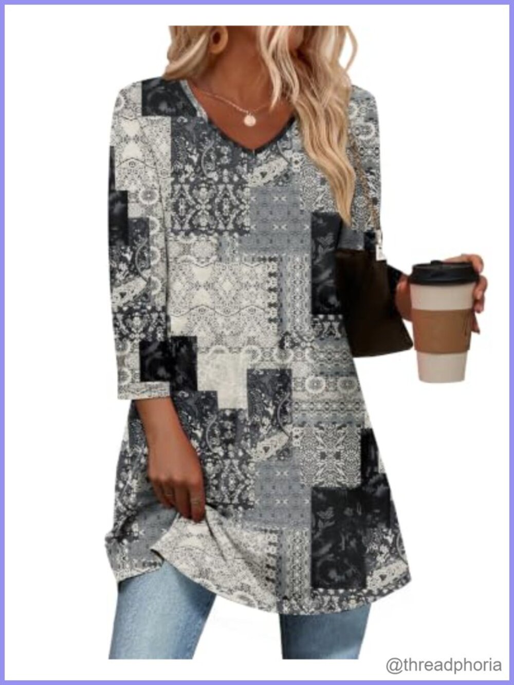OFEEFAN 3/4 Sleeve V-Neck Tunic Top Loose Fit Plus Size Womens Blouse